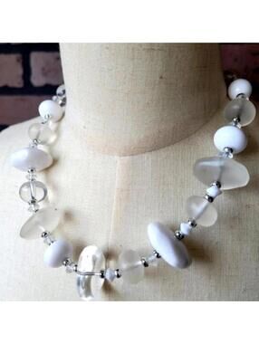 White Translucent Silver Tone Chunky Beaded Necklace